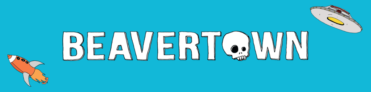 Beavertown logo in white block letters on a blue background, with a skull inside the lettering, plus a rocket and flying saucer illustration. Beavertown logo in white block letters on a blue background, with a skull inside the lettering, plus a rocket and flying saucer illustration.