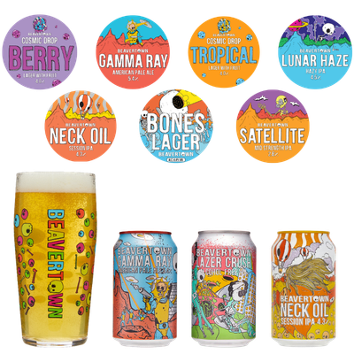 Beavertown beer range showing colourful can labels, a pint glass, and six circular beer badge designs for Berry, Gamma Ray, Tropical, Lunar Haze, Neck Oil, Bones Lager and Satellite. Beavertown beer range showing colourful can labels, a pint glass, and six circular beer badge designs for Berry, Gamma Ray, Tropical, Lunar Haze, Neck Oil, Bones Lager and Satellite.