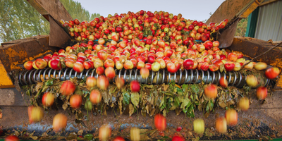Fresh apples being washed and sorted on a cider production line, showing apples moving across metal rollers at a cider mill. Fresh apples being washed and sorted on a cider production line, showing apples moving across metal rollers at a cider mill.