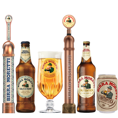 Birra Moretti fount, glass and bottle. Sale Di Mare and Lautentica Birra Moretti fount, glass and bottle. Sale Di Mare and Lautentica