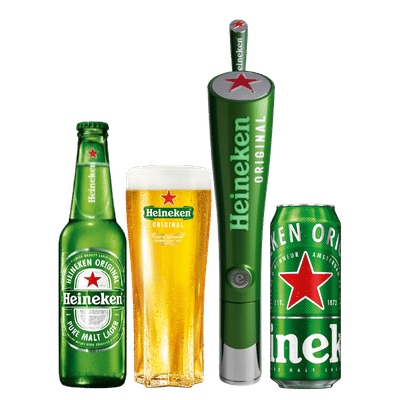 Heineken Original beer bottle, pint glass, draught tap and can. Heineken Original beer bottle, pint glass, draught tap and can.