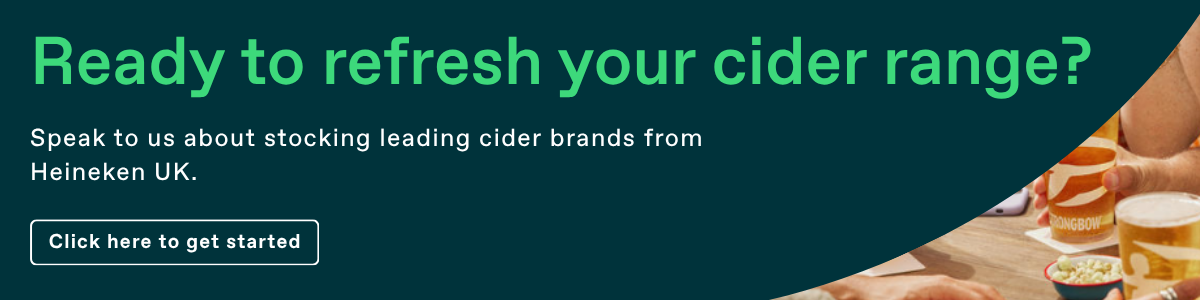 Banner promoting Heineken UK cider range with text and glasses of cider on a wooden table. Banner promoting Heineken UK cider range with text and glasses of cider on a wooden table.